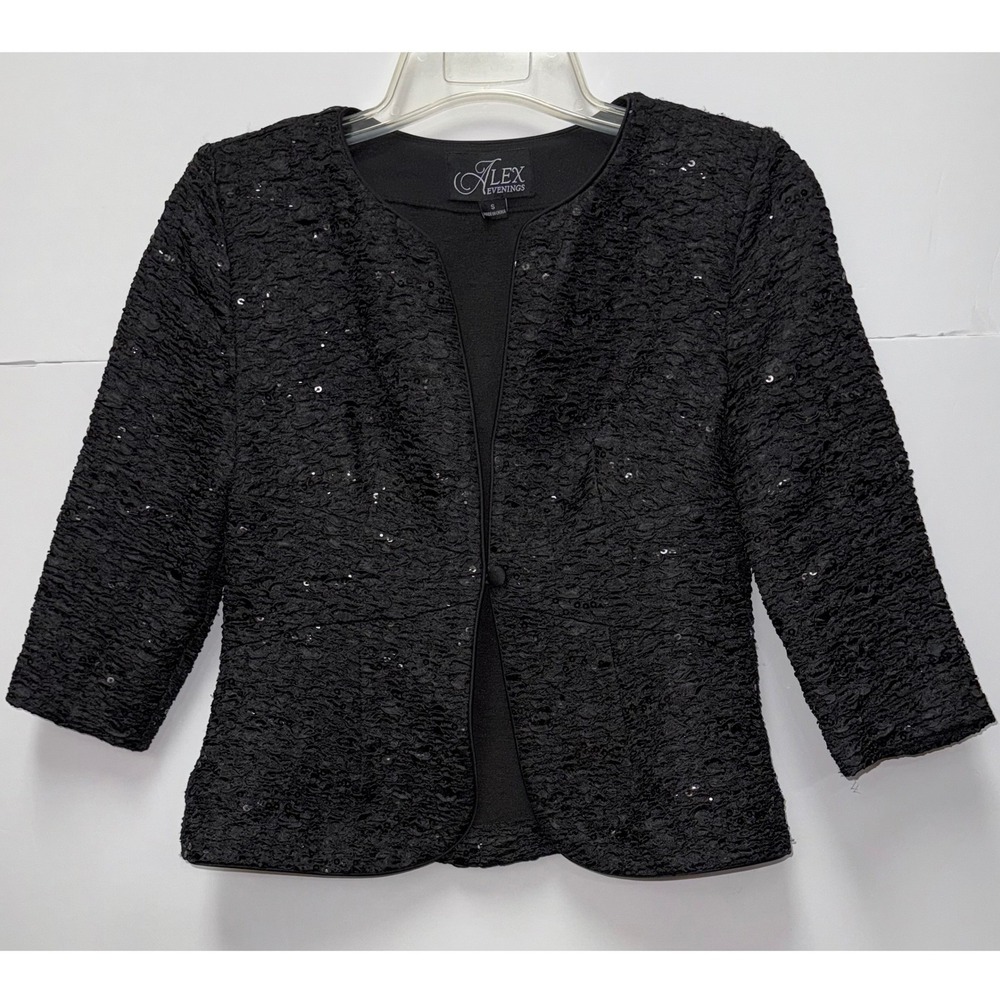 Alex Evenings Black Sequin 3/4 Sleeve Jacket Women S‎ Party Wedding Elegant Chic